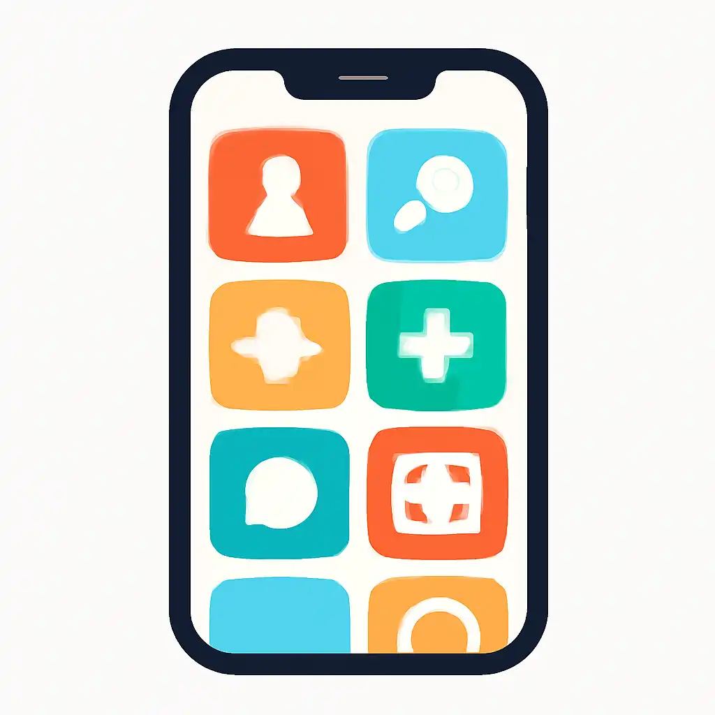 Smartphone shown from the front displaying a colourful flat layout of abstract game icons and rounded tiles (no text, no letters, no labels), Daman Club