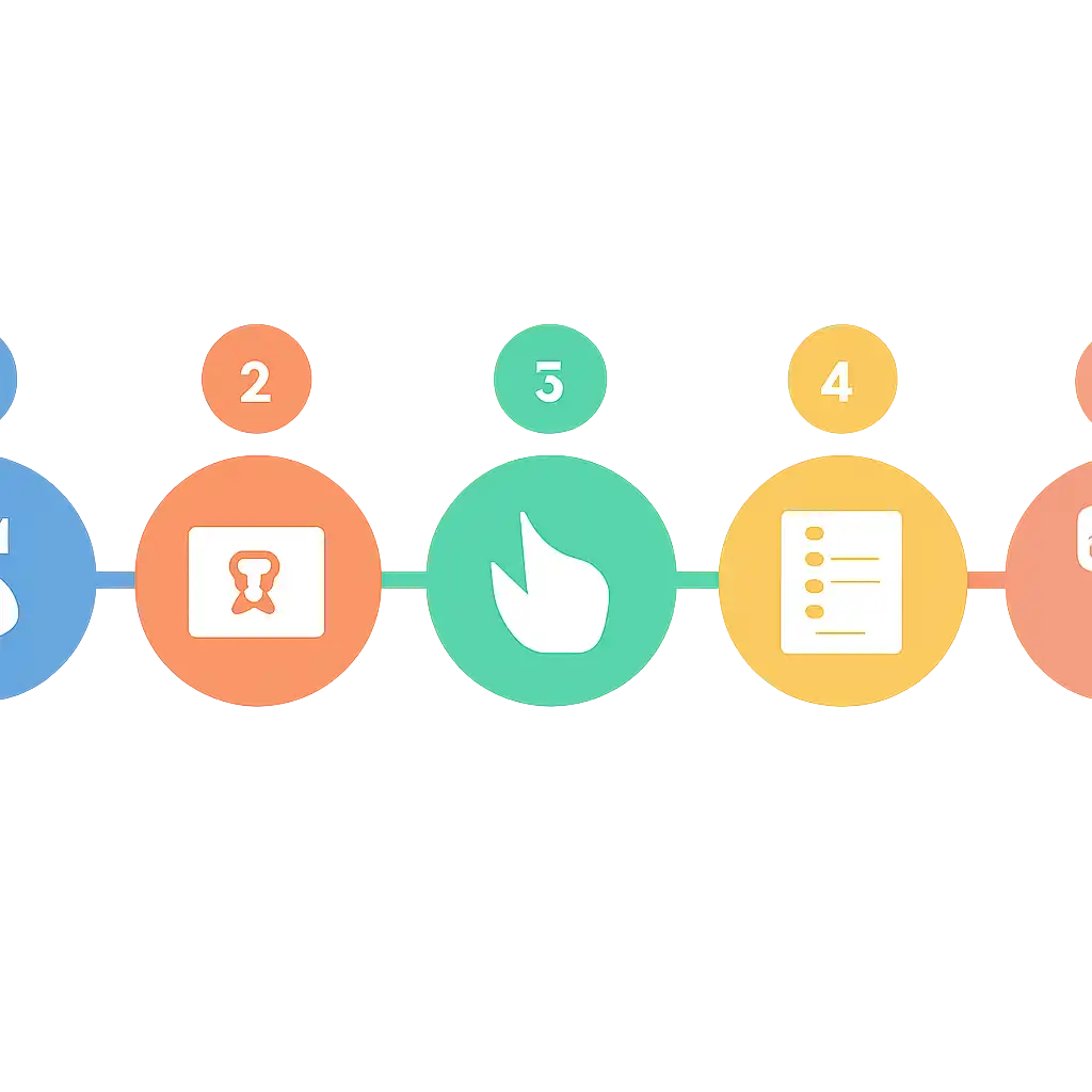 Five numbered circular icons connected by arrows in a horizontal flow, flat illustration, icons only, no words, Daman Club steps